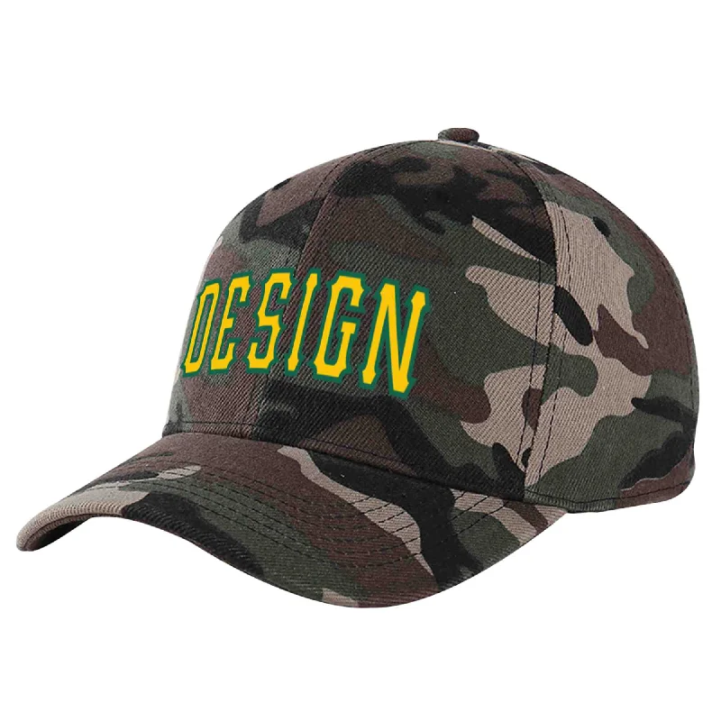 Modern baseball cap designsCustom Camo Gold-Kelly Green Curved Eaves Sport Design Baseball Cap