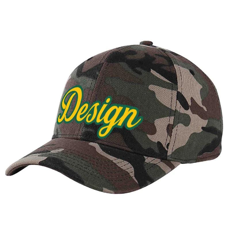 Baseball caps for different head shapesCustom Camo Gold-Kelly Green Curved Eaves Sport Design Baseball Cap