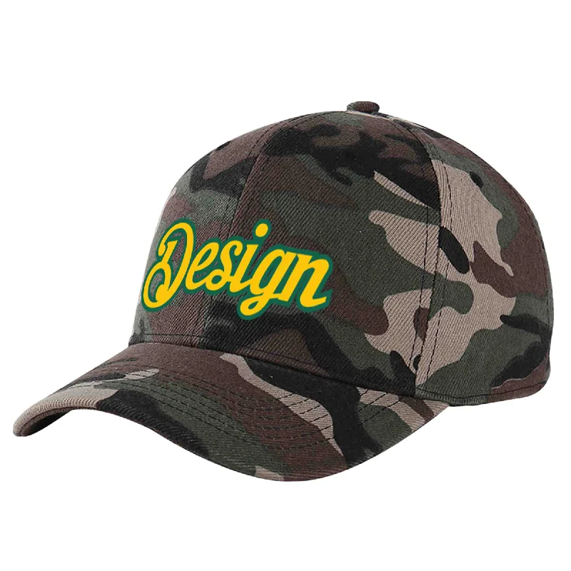 Baseball caps for rainy weatherCustom Camo Gold-Kelly Green Curved Eaves Sport Design Baseball Cap