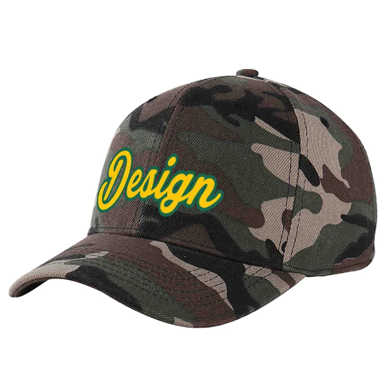 Newest baseball cap releasesCustom Camo Gold-Kelly Green Curved Eaves Sport Design Baseball Cap