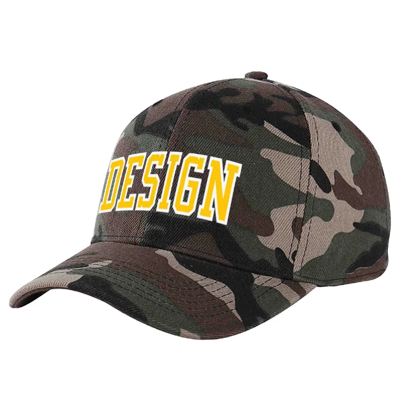 Discounted baseball capsCustom Camo Gold-White Curved Eaves Sport Design Baseball Cap