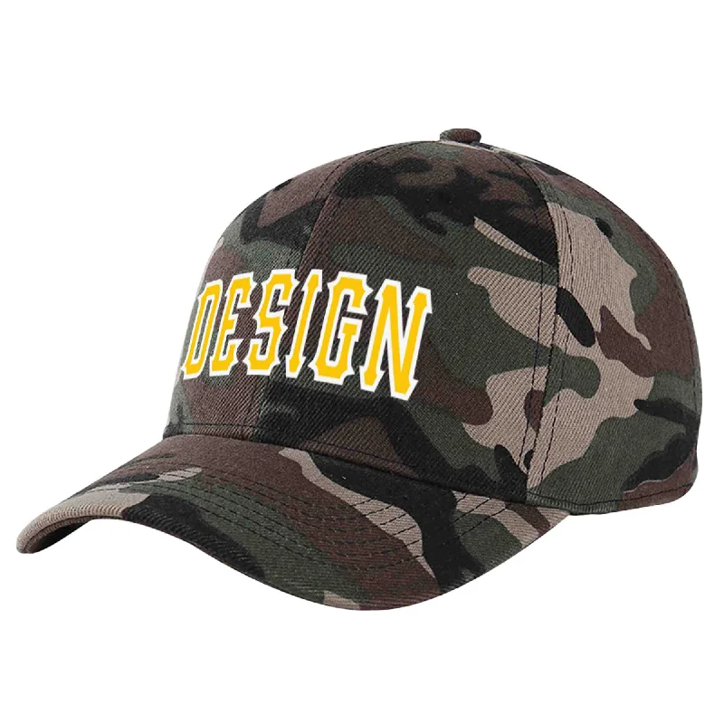 Collaborative baseball cap designsCustom Camo Gold-White Curved Eaves Sport Design Baseball Cap