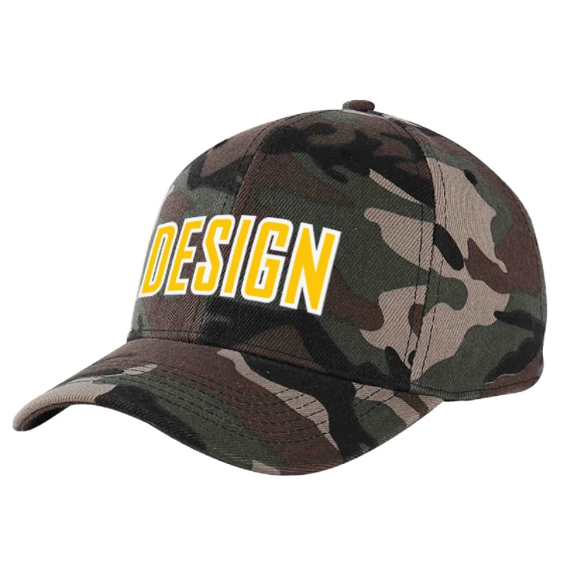 How to style a baseball cap with outfitsCustom Camo Gold-White Curved Eaves Sport Design Baseball Cap