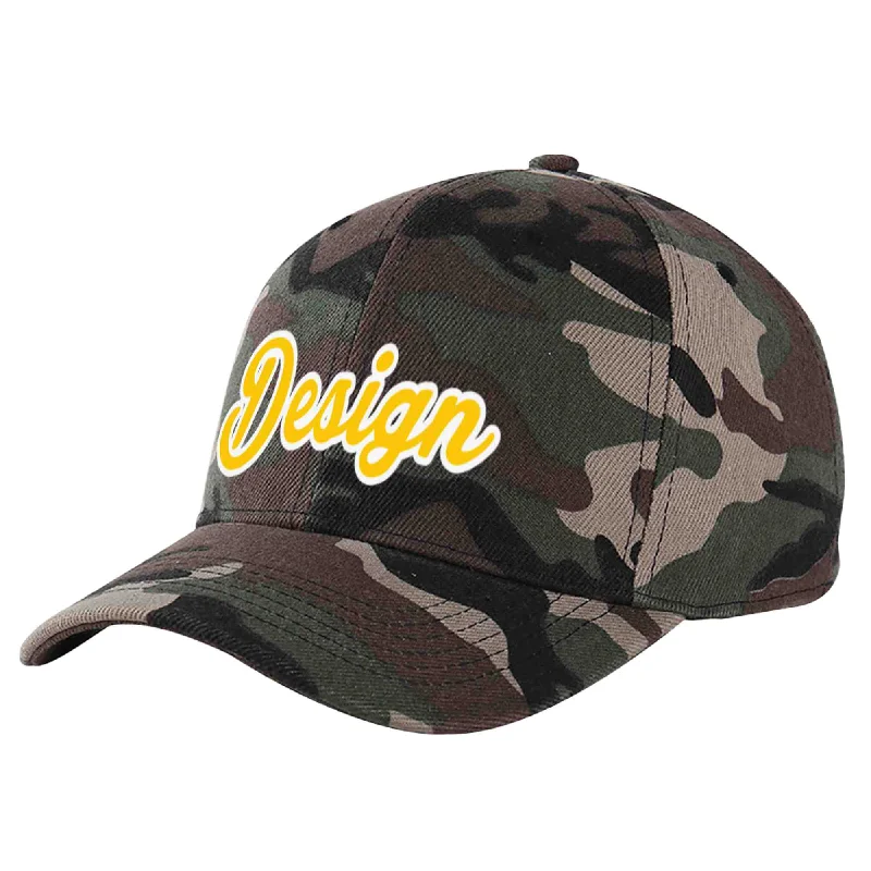 Modern baseball cap designsCustom Camo Gold-White Curved Eaves Sport Design Baseball Cap