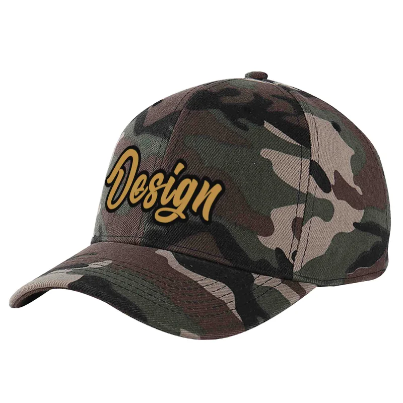 Baseball caps for sportsCustom Camo Old Gold-Black Curved Eaves Sport Design Baseball Cap