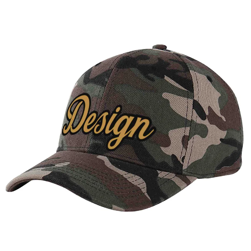 Baseball caps for specific leaguesCustom Camo Old Gold-Black Curved Eaves Sport Design Baseball Cap