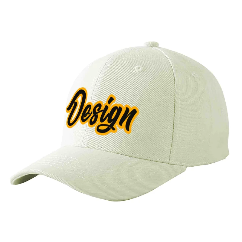 Baseball caps for menCustom Cream Black-Yellow Curved Eaves Sport Design Baseball Cap