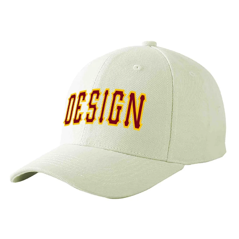 Collaborative baseball cap designsCustom Cream Crimson-Gold Curved Eaves Sport Design Baseball Cap