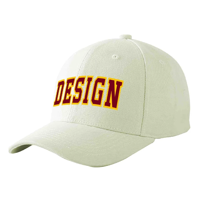 Baseball caps for sportsCustom Cream Crimson-Gold Curved Eaves Sport Design Baseball Cap