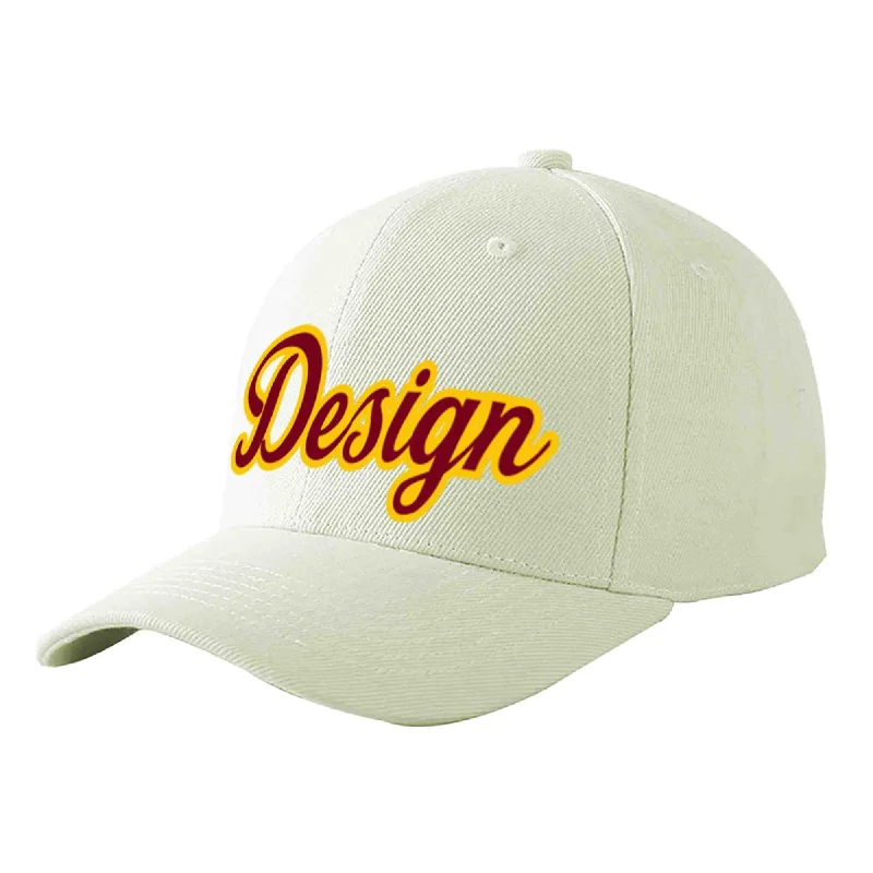 Baseball caps for different gendersCustom Cream Crimson-Gold Curved Eaves Sport Design Baseball Cap