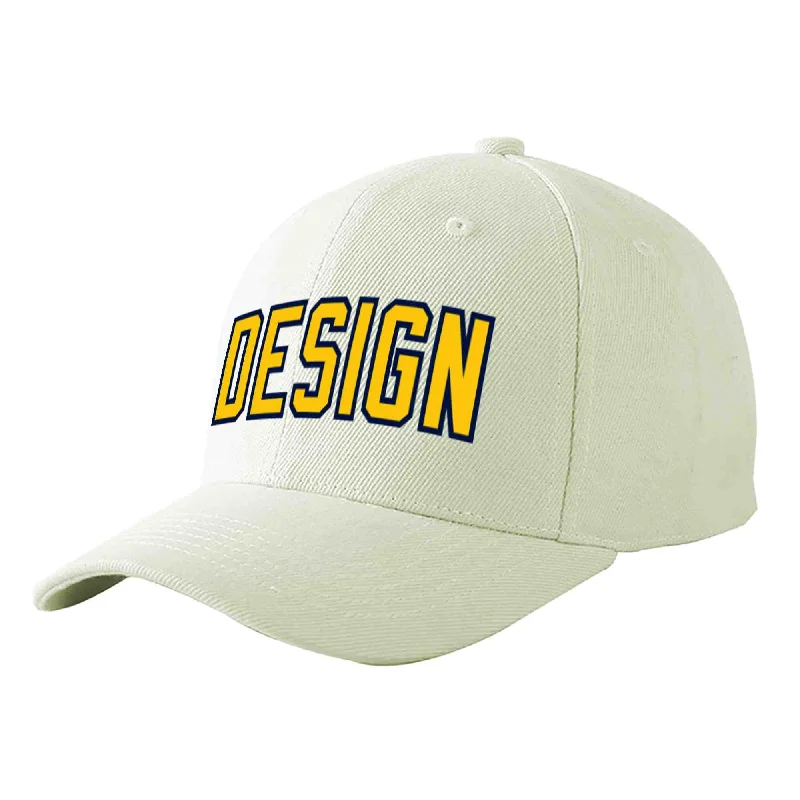 Collaborative baseball cap designsCustom Cream Gold-Navy Curved Eaves Sport Design Baseball Cap