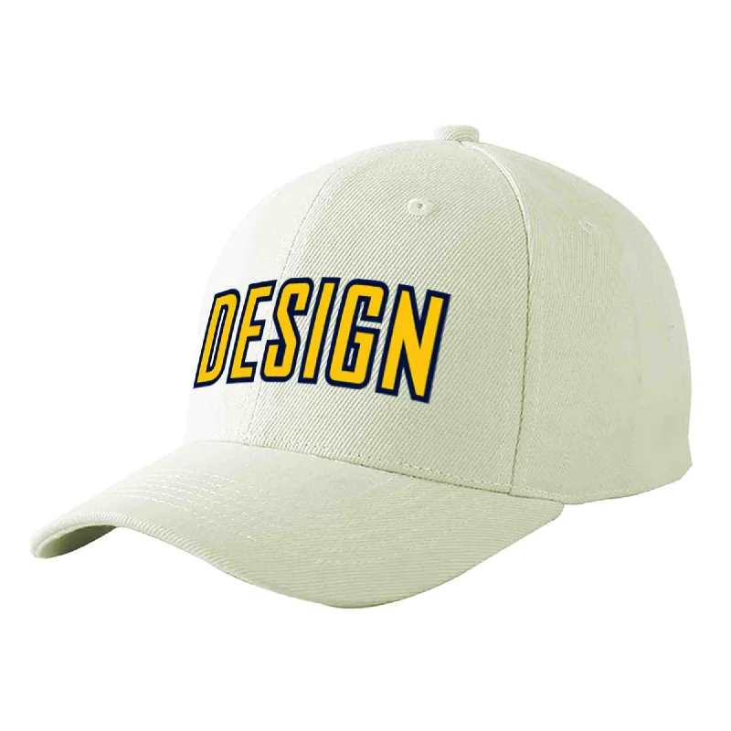 Baseball caps for different age groupsCustom Cream Gold-Navy Curved Eaves Sport Design Baseball Cap