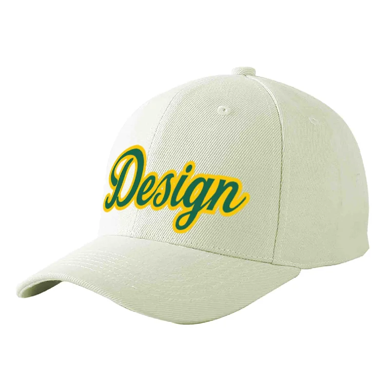 Collaborative baseball cap designsCustom Cream Kelly Green-Gold Curved Eaves Sport Design Baseball Cap