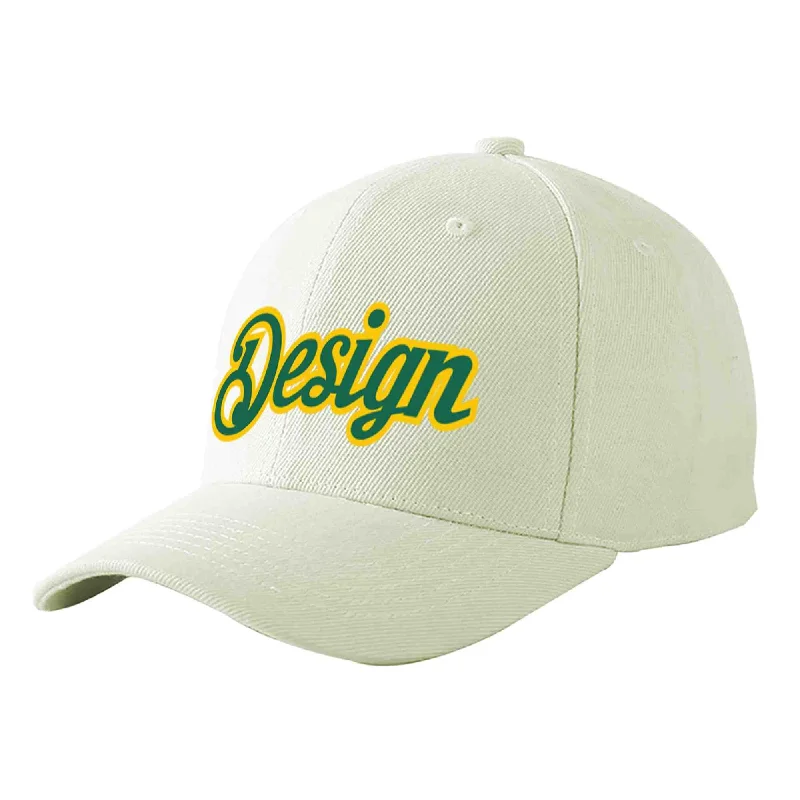 How to style a baseball cap with outfitsCustom Cream Kelly Green-Gold Curved Eaves Sport Design Baseball Cap