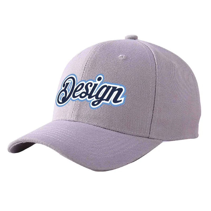 Discounted baseball capsCustom Gray Navy-White Curved Eaves Sport Design Baseball Cap