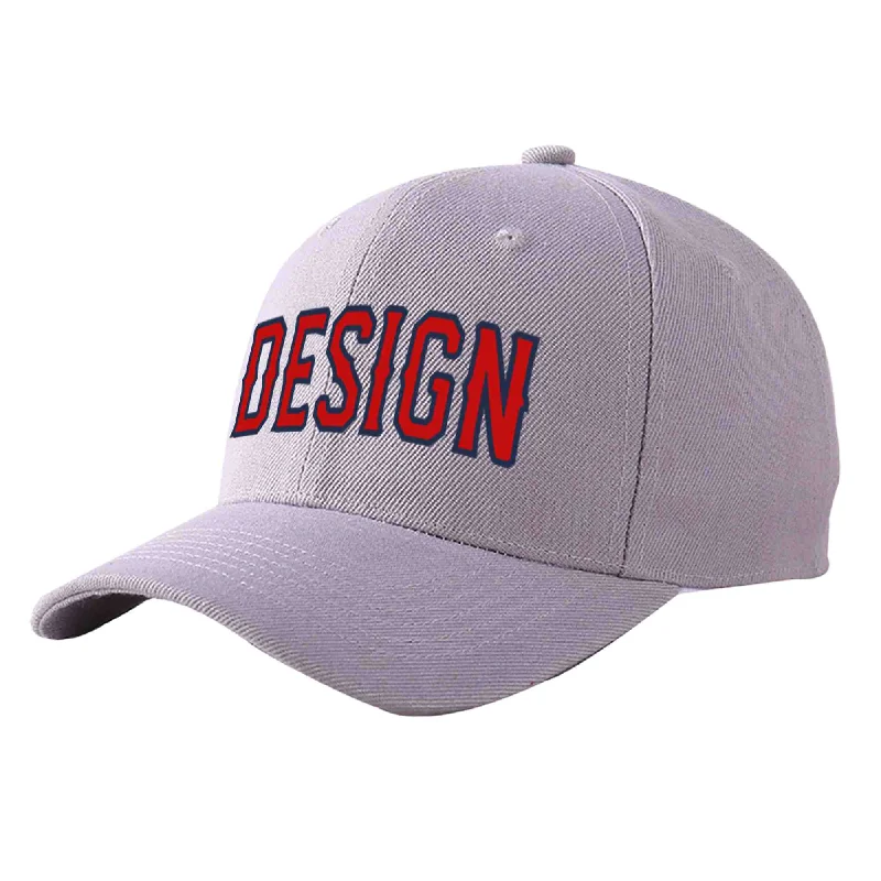 Baseball caps for different gendersCustom Gray Red-Navy Curved Eaves Sport Design Baseball Cap