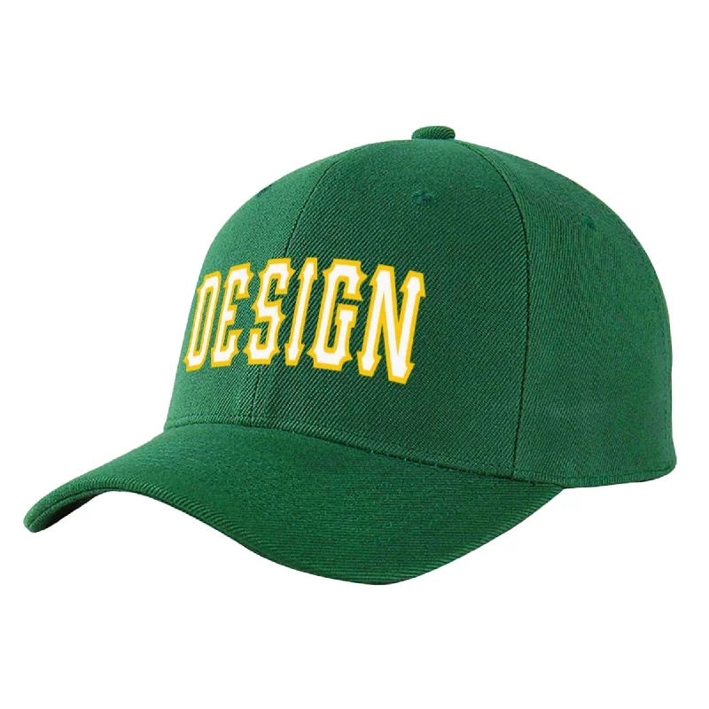 Discounted baseball capsCustom Green White-Gold Curved Eaves Sport Design Baseball Cap