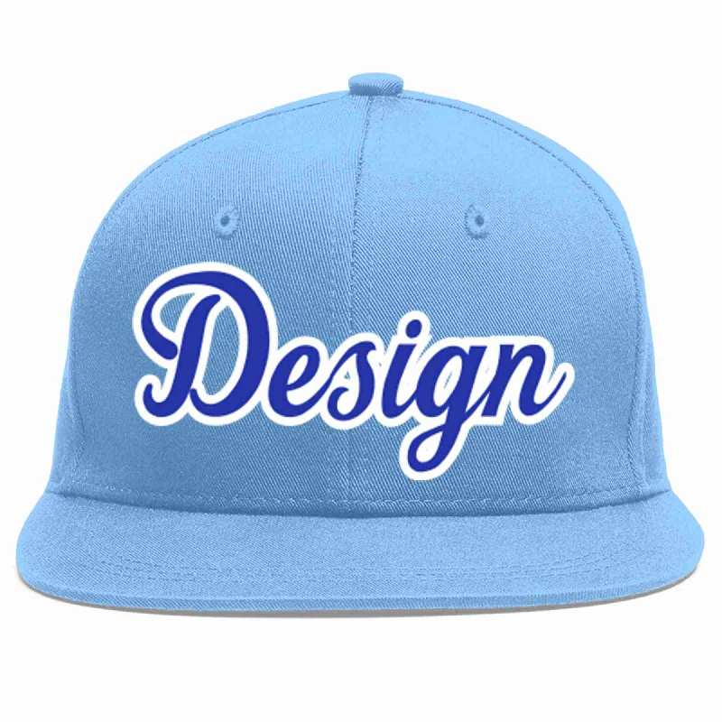 Baseball caps for sportsCustom Light Blue Royal-White Flat Eaves Sport Baseball Cap Design for Men/Women/Youth