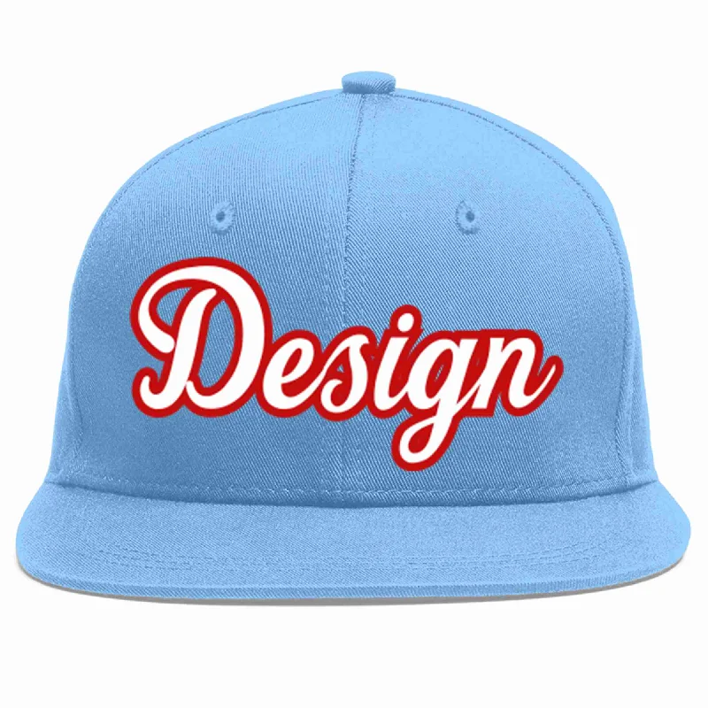 Baseball caps for sports fansCustom Light Blue White-Red Flat Eaves Sport Baseball Cap Design for Men/Women/Youth