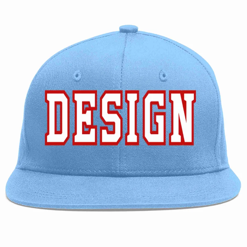 Baseball caps for sportsCustom Light Blue White-Red Flat Eaves Sport Baseball Cap Design for Men/Women/Youth