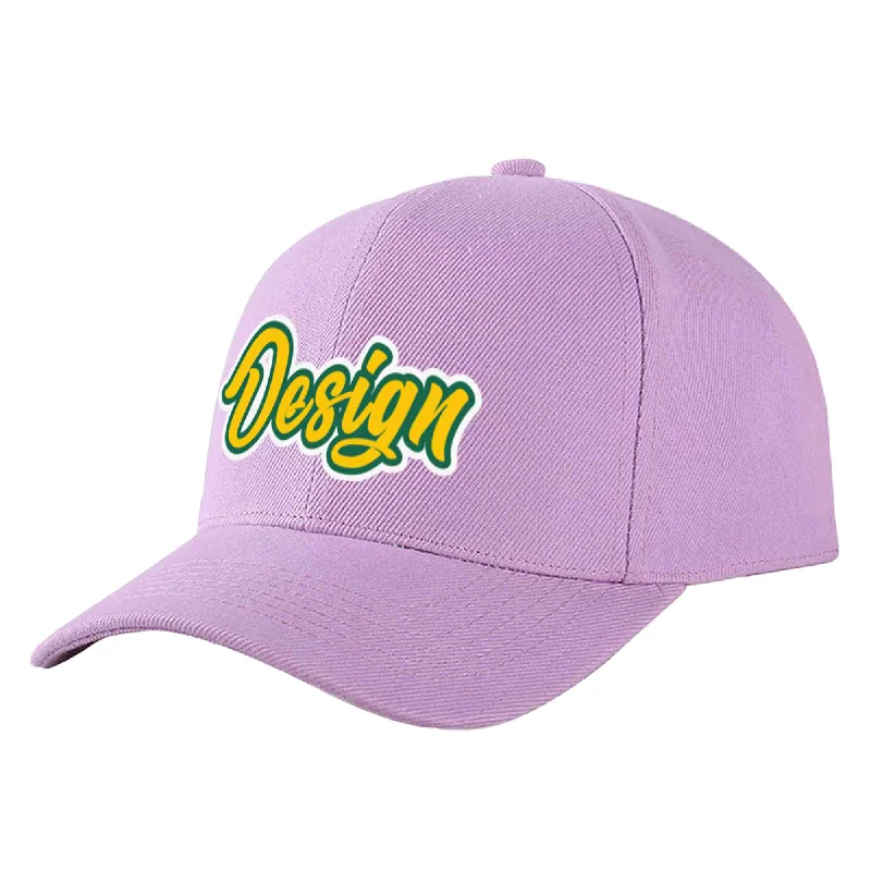 Baseball caps for different seasonsCustom Light Purple Gold-Kelly Green Curved Eaves Sport Design Baseball Cap