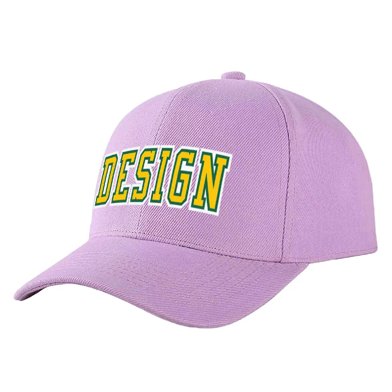 Baseball caps for outdoor activitiesCustom Light Purple Gold-Kelly Green Curved Eaves Sport Design Baseball Cap