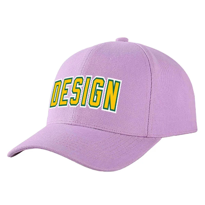 Baseball cap material comparisonCustom Light Purple Gold-Kelly Green Curved Eaves Sport Design Baseball Cap