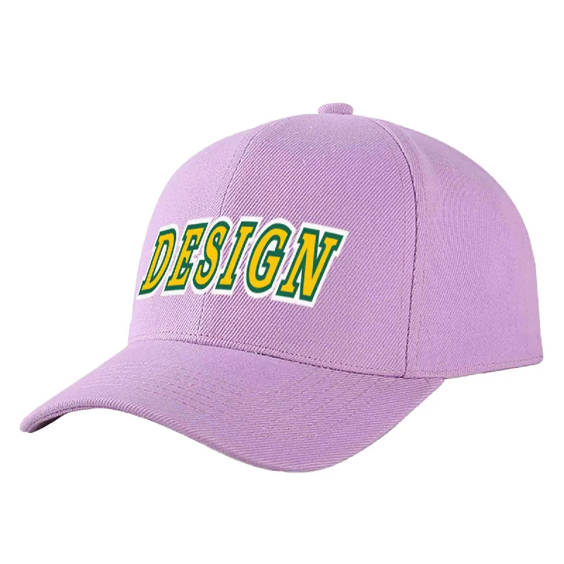 Baseball caps for rainy weatherCustom Light Purple Gold-Kelly Green Curved Eaves Sport Design Baseball Cap