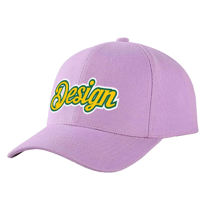 Second-hand baseball capsCustom Light Purple Gold-Kelly Green Curved Eaves Sport Design Baseball Cap