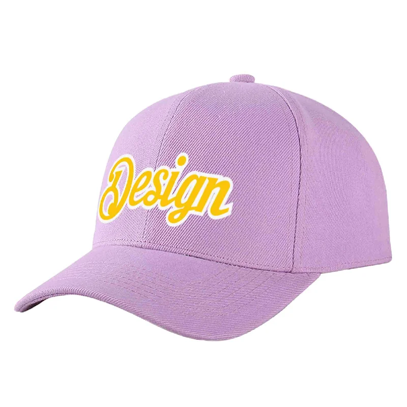 Baseball cap material comparisonCustom Light Purple Gold-White Curved Eaves Sport Design Baseball Cap