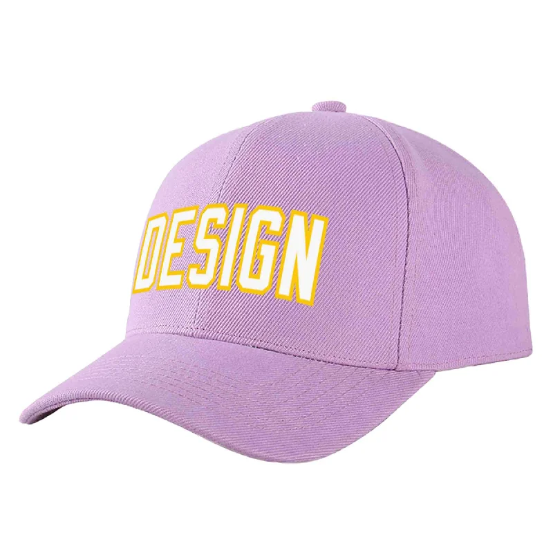 Custom baseball capsCustom Light Purple White-Gold Curved Eaves Sport Design Baseball Cap