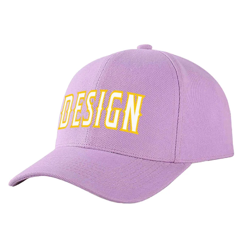 Discounted baseball capsCustom Light Purple White-Gold Curved Eaves Sport Design Baseball Cap