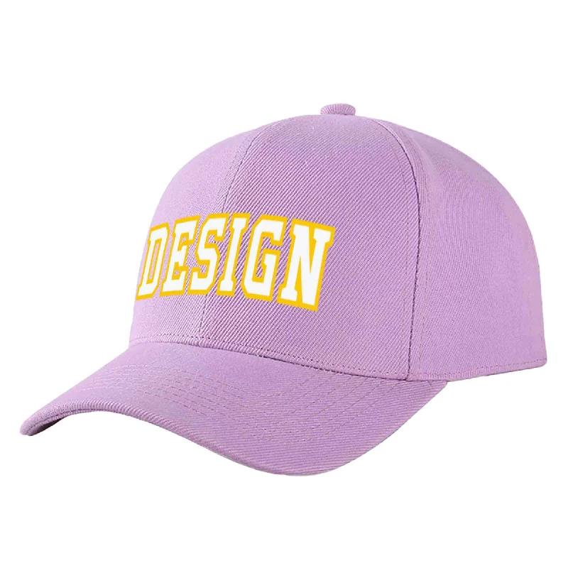 Collaborative baseball cap designsCustom Light Purple White-Gold Curved Eaves Sport Design Baseball Cap