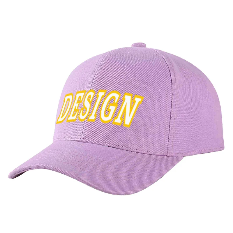 How to style a baseball cap with outfitsCustom Light Purple White-Gold Curved Eaves Sport Design Baseball Cap