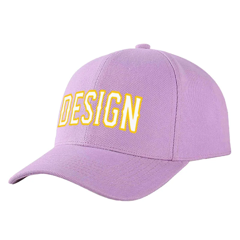 Baseball caps for different gendersCustom Light Purple White-Gold Curved Eaves Sport Design Baseball Cap