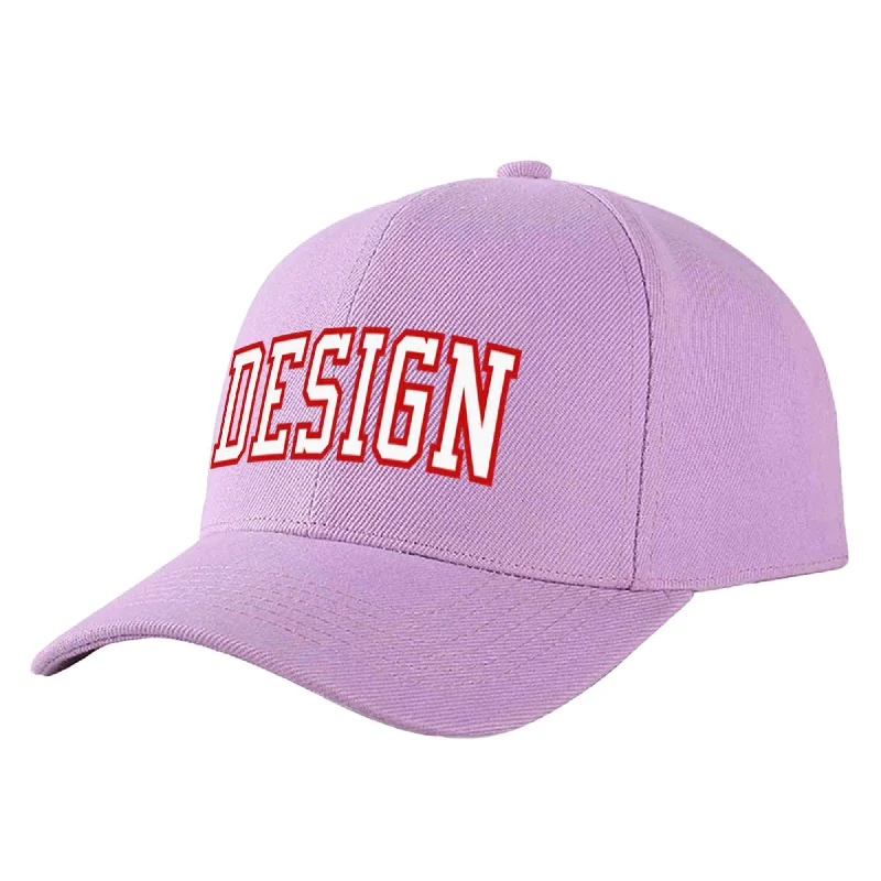 How to style a baseball cap with outfitsCustom Light Purple White-Red Curved Eaves Sport Design Baseball Cap