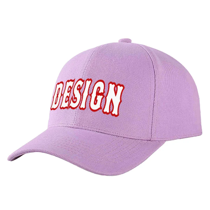 Affordable baseball capsCustom Light Purple White-Red Curved Eaves Sport Design Baseball Cap