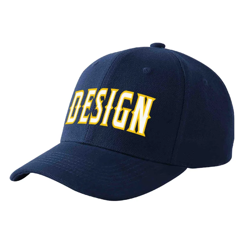 Baseball cap material comparisonCustom Navy White-Gold Curved Eaves Sport Design Baseball Cap