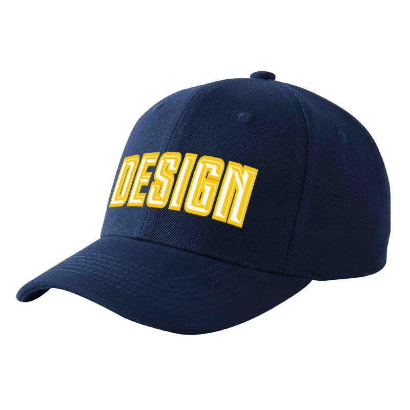 Modern baseball cap designsCustom Navy White-Gold Curved Eaves Sport Design Baseball Cap