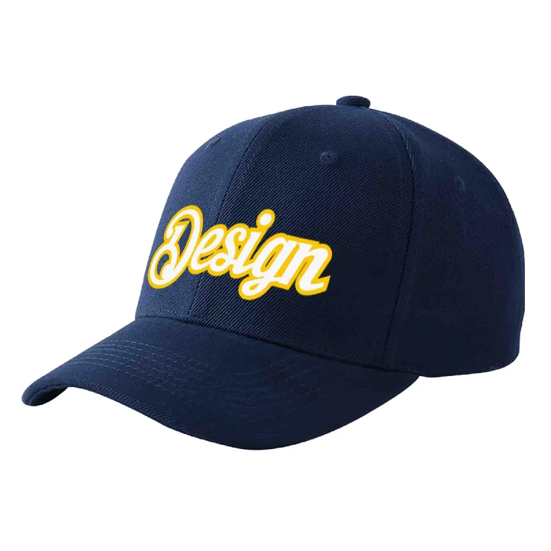 Custom baseball capsCustom Navy White-Gold Curved Eaves Sport Design Baseball Cap