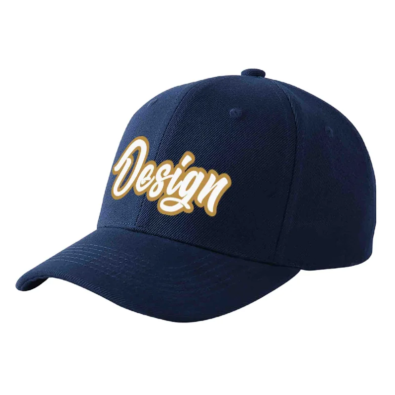 Baseball caps matching with jerseysCustom Navy White-Old Gold Curved Eaves Sport Design Baseball Cap