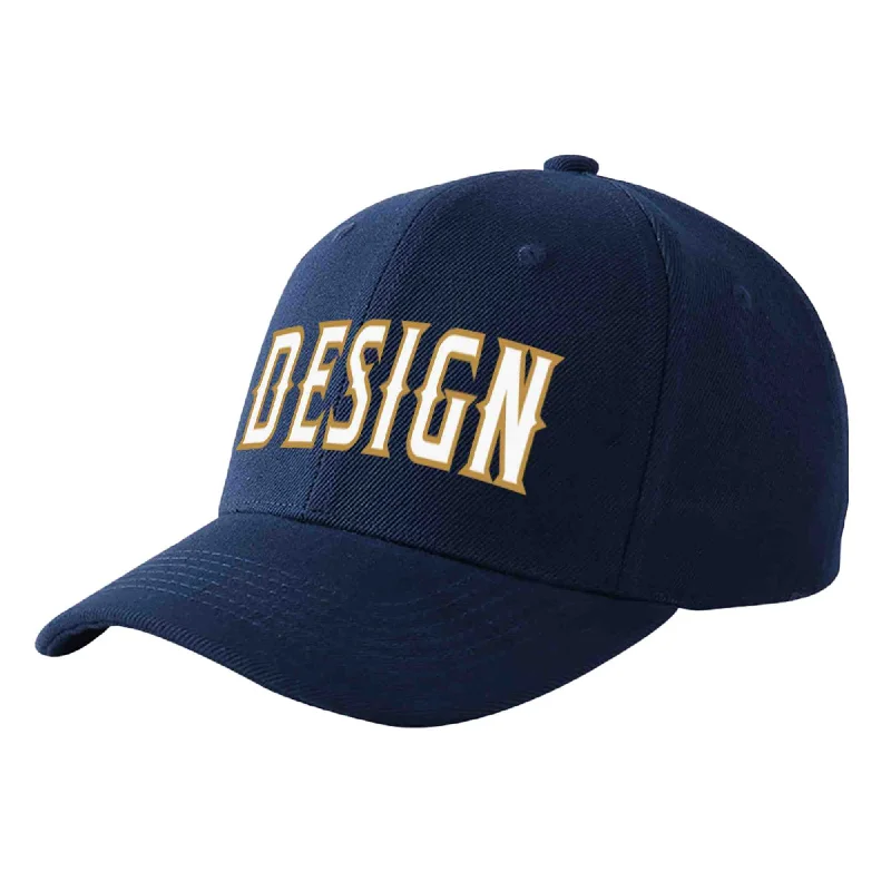 Affordable baseball capsCustom Navy White-Old Gold Curved Eaves Sport Design Baseball Cap