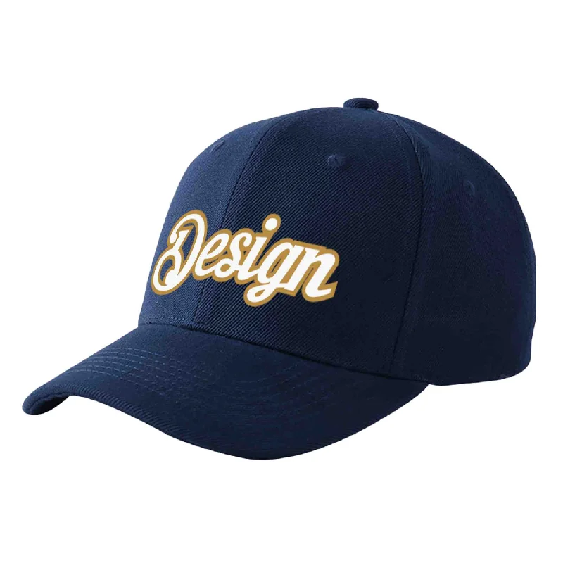 Baseball caps for sportsCustom Navy White-Old Gold Curved Eaves Sport Design Baseball Cap