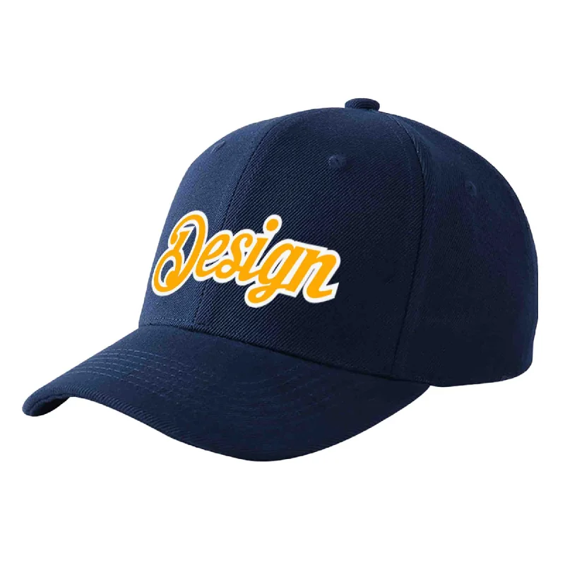 Baseball cap for large headsCustom Navy Yellow-White Curved Eaves Sport Design Baseball Cap