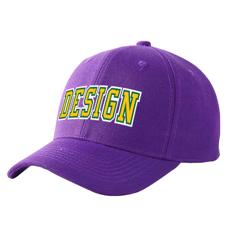 Baseball caps for specific teamsCustom Purple Gold-Kelly Green Curved Eaves Sport Design Baseball Cap