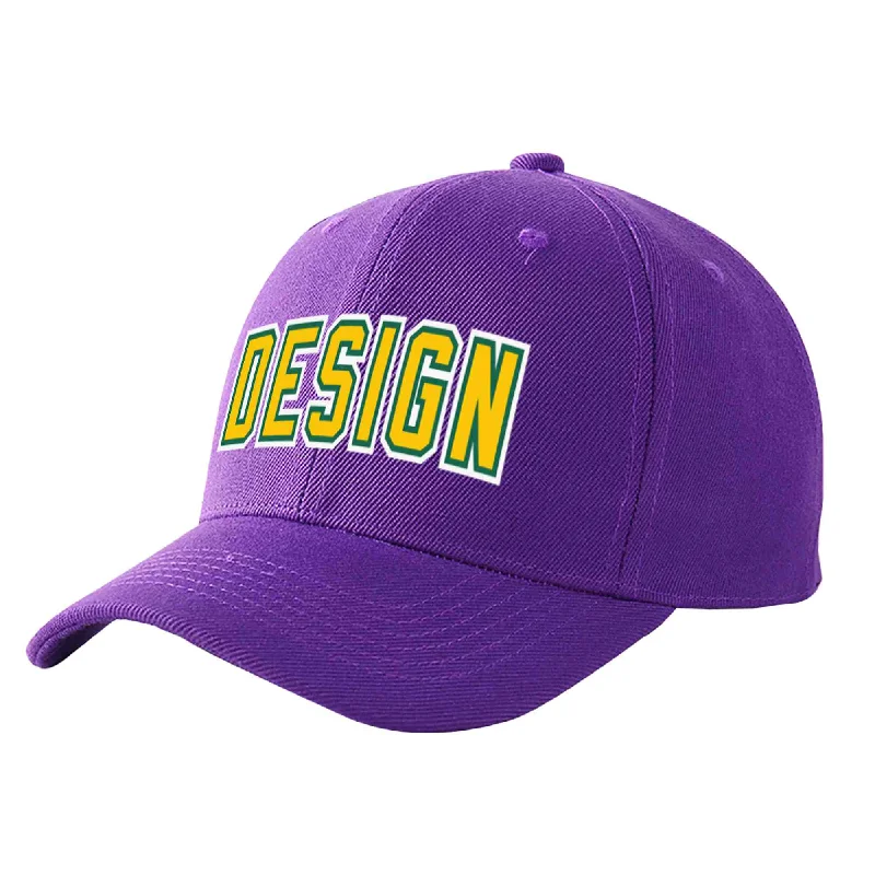 Baseball caps for outdoor activitiesCustom Purple Gold-Kelly Green Curved Eaves Sport Design Baseball Cap