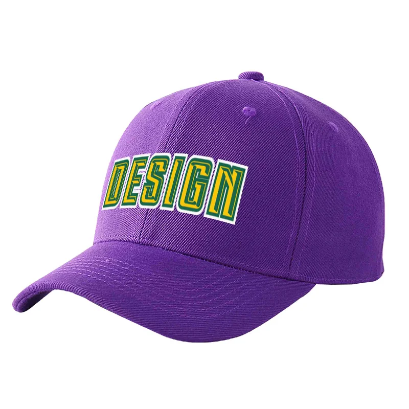 Baseball caps for different gendersCustom Purple Gold-Kelly Green Curved Eaves Sport Design Baseball Cap