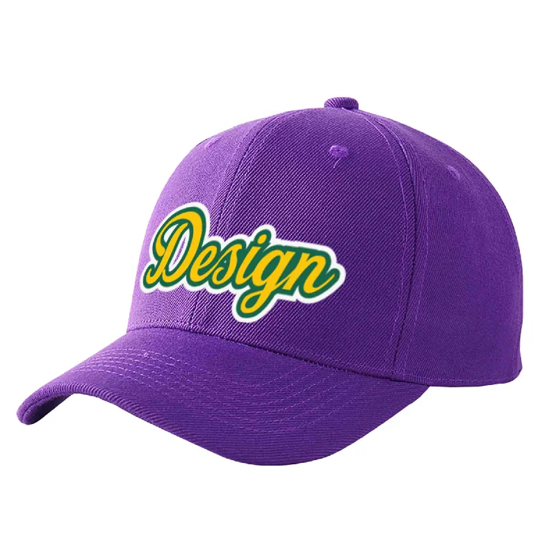 Second-hand baseball capsCustom Purple Gold-Kelly Green Curved Eaves Sport Design Baseball Cap