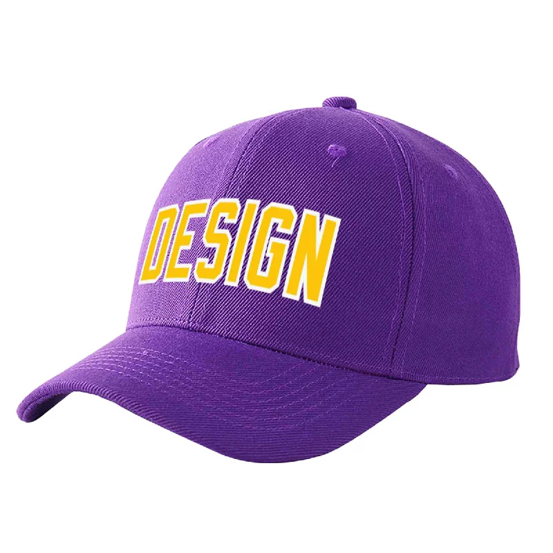 Functional baseball caps for specific needsCustom Purple Gold-White Curved Eaves Sport Design Baseball Cap