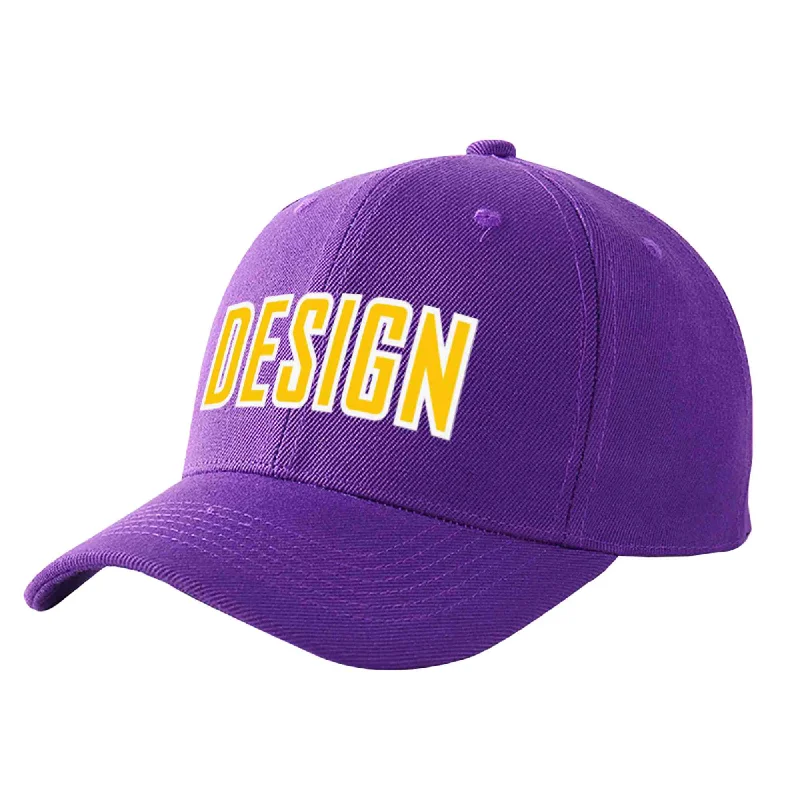 Custom baseball capsCustom Purple Gold-White Curved Eaves Sport Design Baseball Cap